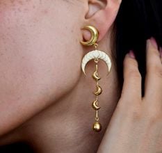 Crescent Moon Drop Earrings in 22K Gold-Plated Brass with Enamel Detailingâ€“ 3.1